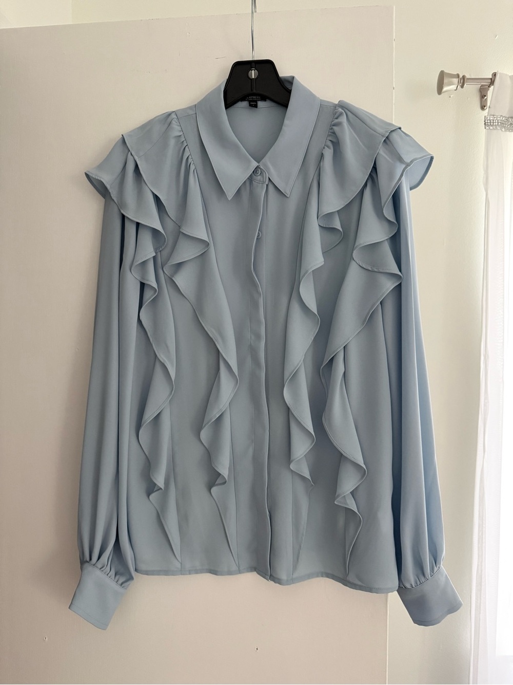 Express Light Blue Ruffle Button-Front Blouse